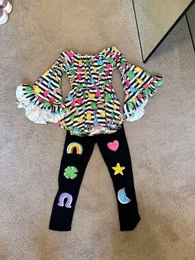 Girls Black Rainbow Patch Matching Set - Colorful Top & Leggings, Sz 10-12